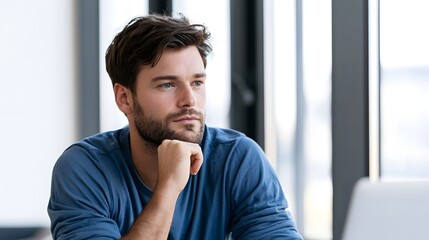 Obraz premium A thoughtful man looks out of a window reflecting a focused and professional mood in a bright indoor setting