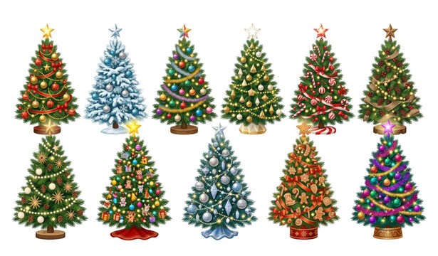 Ten decorated christmas trees collection festive holiday season graphics