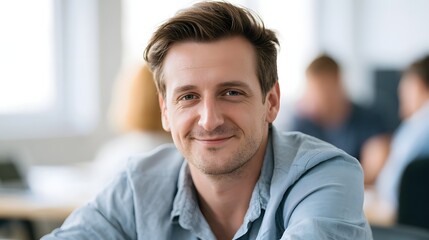 Obraz premium A confident professional man in a light shirt smiles while posing in a modern bright office setting