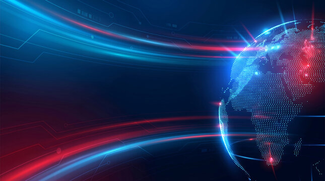 Digital globe with glowing blue and red light trails on a dark background, representing global connectivity