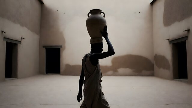 A solitary biblical servant carrying a full water jar across a silent inner courtyard yet pausing midway as though uncertain where to pour it, enclosed walls, shadowed doorways, and a bare stone floor