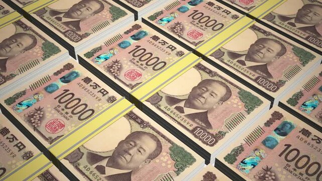 Stacks of 10000 JPY or Ten Thousand Japanese Yen banknotes or currency. Neat Rows of Japan 10000 Yen Bank note in 3D Motion. 4k Animation.