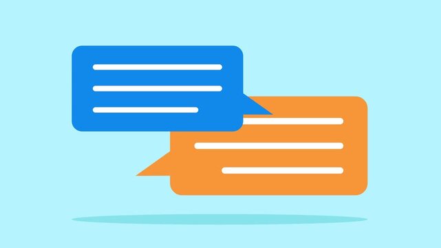 Chat bubble animation. Blue and orange speech bubble with animated lines. Flat design style animation.