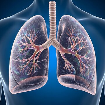 human bronchial tubes showing Atelectasis, with collapsed iridescent lung segments and restricted fluid flow, dynamic visualization of pressure, detailed, blue background