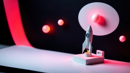 Obraz premium Minimalist rocket scene. Papercraft style spaceship, planets, red light. Dramatic lighting creates futuristic vibe. Simple geometry.
