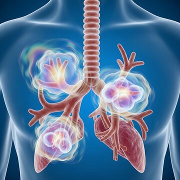  human bronchial tubes showing Hypersensitivity Pneumonitis, with iridescent inflammatory clouds reacting to allergens, fluid dynamics of immune response, detailed, blue background