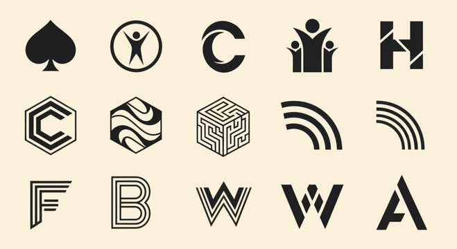 Collection of modern logos and icons, abstract shapes, letters, and symbols