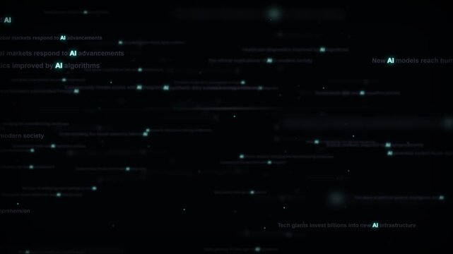 Abstract digital background with floating text phrases about artificial intelligence