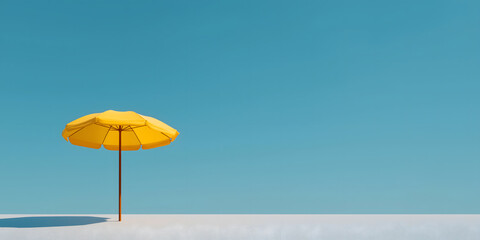 Fototapeta premium Yellow Beach Umbrella on White Sand Against Bright Blue Sky