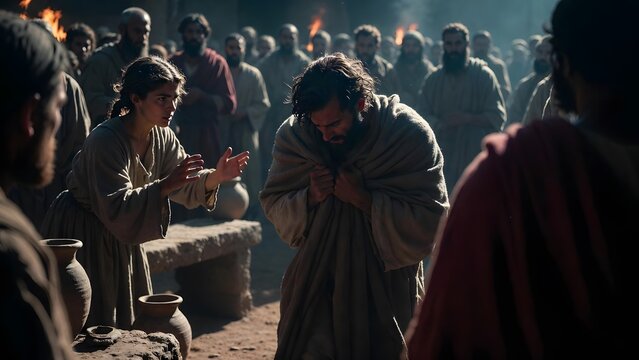 Peter pulling his cloak close while shrinking from a servant girl&rsquo;s questioning gesture in a crowded outer court, rough benches, clay vessels, and milling figures creating social pressure around a mom