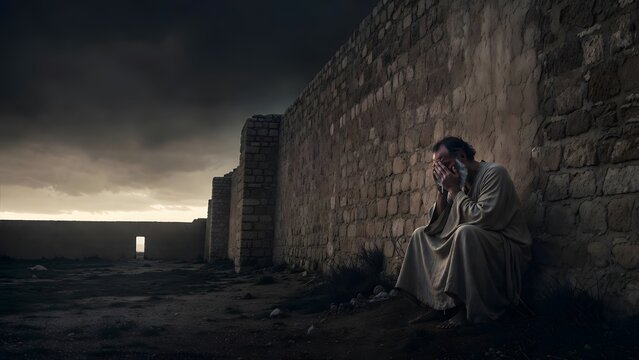 Peter weeping alone outside the city wall after fleeing the place of accusation, rough stone boundary, sparse ground, and a dim horizon opening into emotional isolation after public failure, first lig