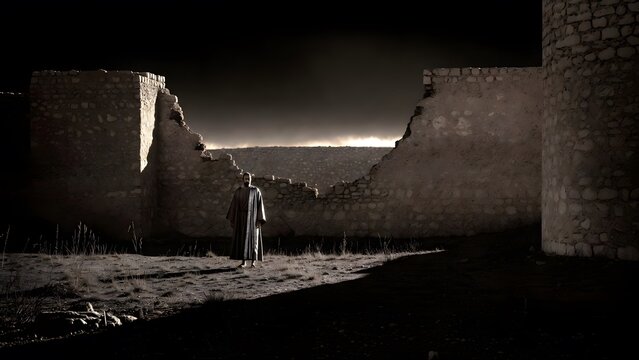 Peter weeping alone outside the city wall after fleeing the place of accusation, rough stone boundary, sparse ground, and a dim horizon opening into emotional isolation after public failure, first lig
