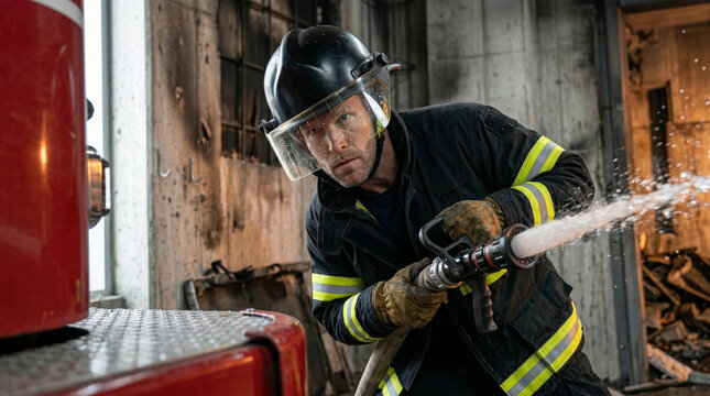 Firefighter, 38, in full de-branded gear with helmet and visor, leans sharply into a high-pressure fire hose recoil. Mixed lighting creates dimensional separation. Water spray and sweat details.
