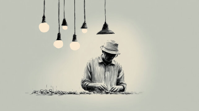 Market Seller Counting Small Bills Carefully After Long Workday Beneath Dim Hanging Lights, Black and White Ink Illustration

