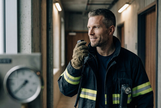 Medium portrait. Firefighter with a confident professional smile speaking into a tactical radio tangenta, conveys status. Head turned slightly left, crinkles around eyes. high-end textures.
