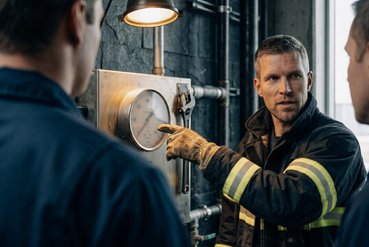 Over-the-shoulder, horizontal. Firefighter with gloved index finger points at a soft, unreadable analogue pressure dial, face expressing focused technical explanation. Mixed lighting accents.
