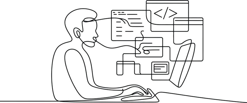 One line drawing of a programmer coding on computer with software interface. Vector illustration