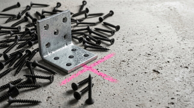 Industrial still life of a hot-galvanized angle bracket on concrete in 2026.05.08_71.jpg. Black phosphated screws are scattered, creating a refined, high-contrast, professional aesthetic.