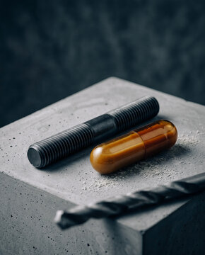Vertical eye-level portrait of an M12 chemical anchor stud and a translucent amber glass capsule. Matte black steel sits on smooth architectural concrete, revealing the micro-quartz aggregate resin.