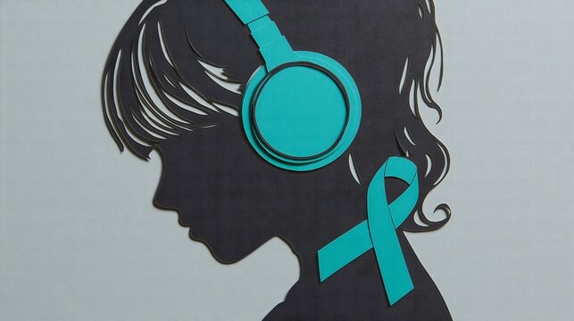 Paper cut silhouette of teenager wearing headphones with teal ribbon on grey background. Represents youth PTSD, adolescent mental health, teen trauma awareness, and support for young people with psych