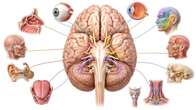 Human Brain Cranial Nerves Anatomy Medical Illustration &ndash; Inferior Ventral View Neural Pathways Educational Infographic