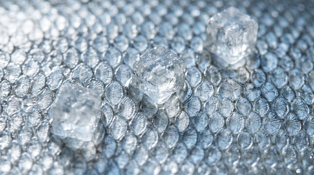 Extreme macro view of iridescent silver-blue fish scales with coarse sea salt crystals, dramatic hard raking light highlighting micro-ridges and liquid menisuses, abstract luxury texture.
