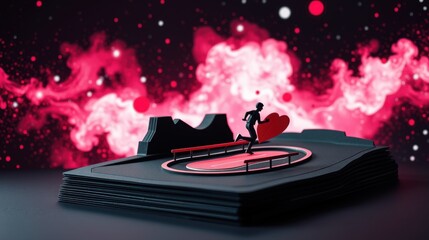 Obraz premium Minimalist papercraft scene. Figure runs with heart shape against cosmic backdrop. Dramatic lighting, stylized design.