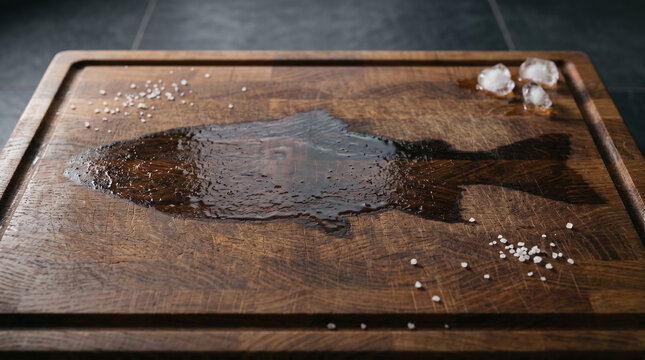 Wide environmental shot of an empty end-grain oak chopping board featuring a detailed dark wet silhouette outline where a fish recently rested, minimalist narrative composition.
