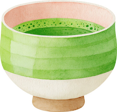 Watercolor illustration of a matcha tea bowl isolated on transparent background.