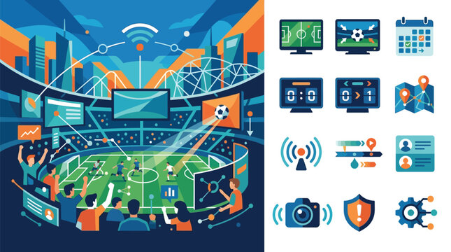 Modern soccer stadium vector illustration with data analytics overlays, digital screens, and fans, plus a collection of flat UI icons for sports streaming and live event management.