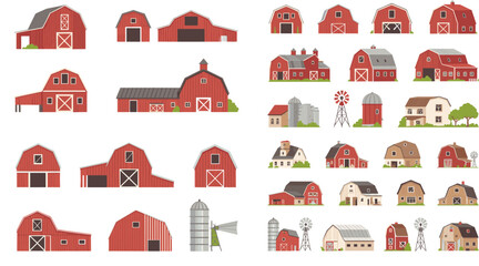  Red Farm Barn and Ranch Building Vector Collection with Windmill Silo Stable and Countryside Architecture Illustrations for Agriculture Design © MDShakhawat