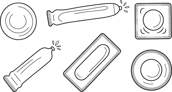 Condom and Contraceptive Vector Illustration Set with Packet and Diaphragm Outline Sketch Icons for Sexual Health Design