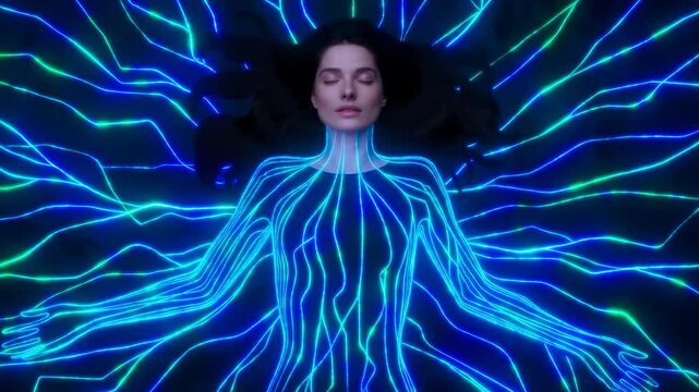 Serene Woman With Glowing Lines. Futuristic Woman Glowing Softly During Calming Meditation Session