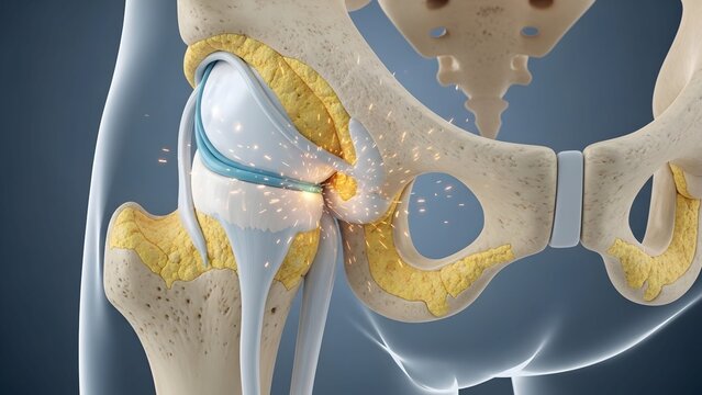Detailed 3D Medical Illustration of a Healthy Human Hip Joint Showing the Femur Head Articulating Within the Acetabulum, Featuring Articular Cartilage, Synovial Fluid, and Joint Capsule Anatomy