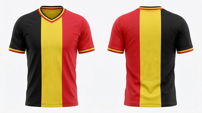 Soccer jersey design template with belgium flag colors isolated on white background