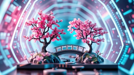 Obraz premium Miniature landscape features cherry blossoms, bridge, futuristic tunnel. Vibrant colors create striking contrast, serene scene.