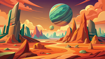 Alien landscape with towering rock formations and orbiting planets a vibrant vector illustration planet extraterrestrial terrain spires planetary system digital © CreativeKamrul