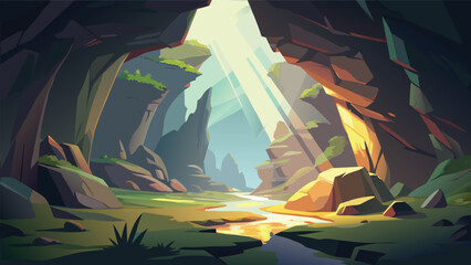 Cave interior scene with sunbeams and a stream a digital vector illustration with a dramatic light effect caves grotto cavern © CreativeKamrul