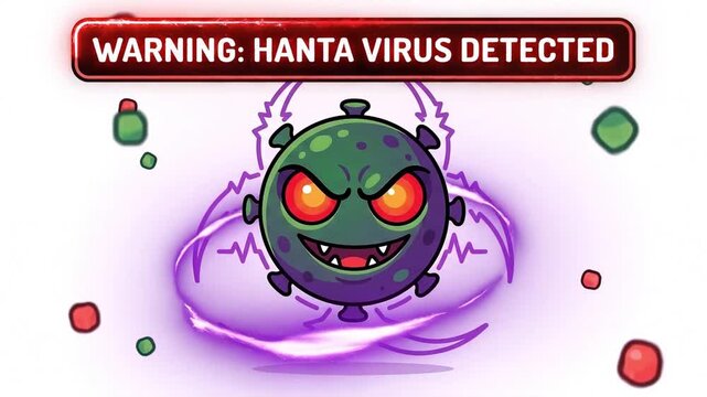 Hantavirus infection warning animation featuring a dangerous green animated pathogen character with glowing red eyes and purple energy motion