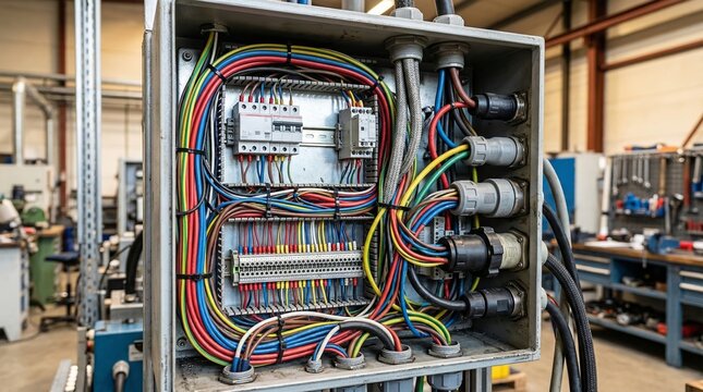 Electrical control panel with colorful wires and switchgear components. Industrial cabinet with wiring in factory. Infrastructure maintenance and engineering system technology.