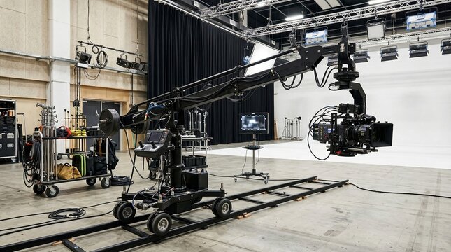 Film camera mounted on professional crane jib in television studio. Professional cinema equipment on dolly track for motion video production. Modern stage backdrop and lightning gear.