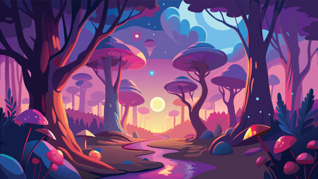 Enchanted forest scene with stylized trees and glowing mushrooms a vibrant vector illustration woods mushroom fungi vegetation landscape nature digital