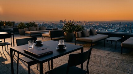 Fototapeta premium Modern rooftop lounge table with coffee cups overlooking city skyline at sunset.