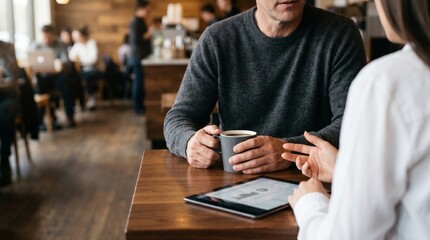 Fototapeta premium Business colleagues collaborating with digital tablet in modern cafe.