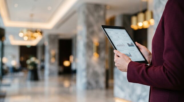 Businesswoman analyzing data on a tablet in a modern office lobby.
