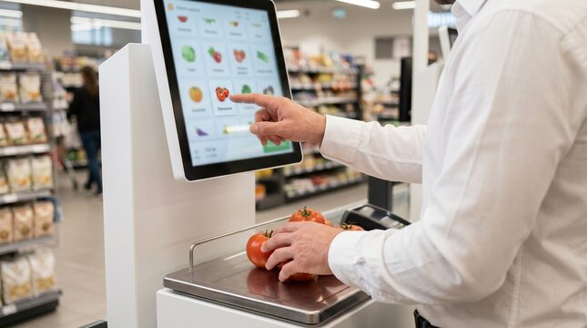 Man weighing tomatoes on a self-service scale in a grocery store.