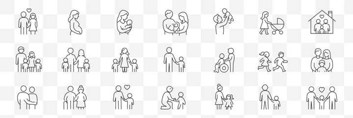 Family line editable icon set. Parents, children, baby, pregnancy, elderly, home, love, care. Outline icon collection, editable stroke, vector illustration