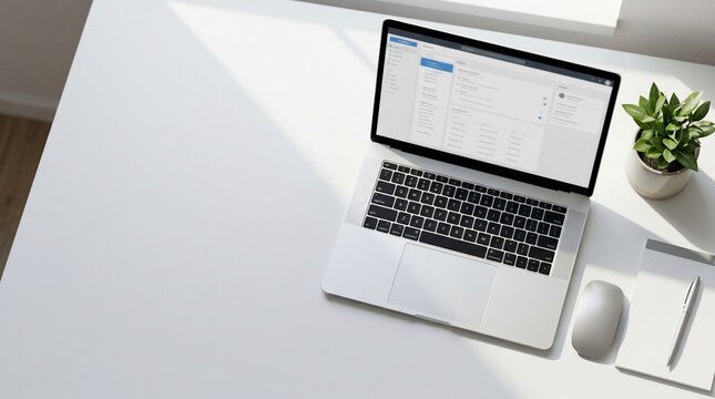 Laptop computer with notebook and plant on modern white office desk.