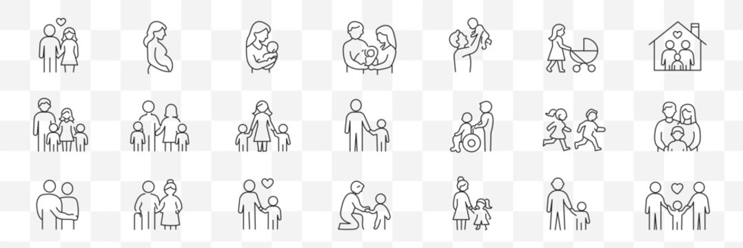 Family line editable icon set. Parents, children, baby, pregnancy, elderly, home, love, care. Outline icon collection, editable stroke, vector illustration