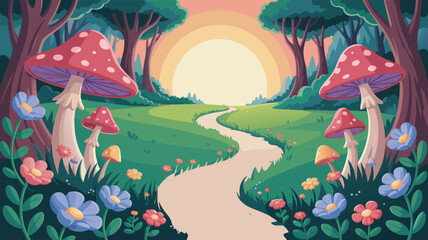 Enchanted forest scene with winding path colorful mushrooms and floral elements in a vector illustration style woods trees mushroom fungi © CreativeKamrul